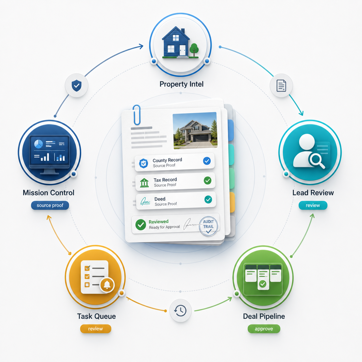 Document Intelligence connecting property intel, lead review, Mission Control, task queue, and deal pipeline